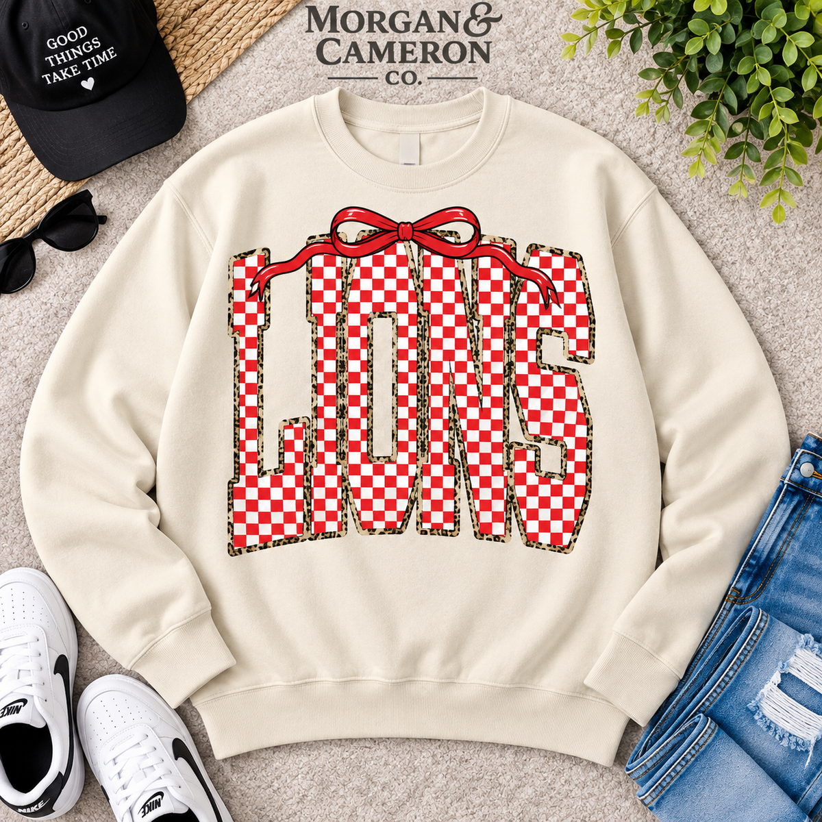 Lions Checkered Bow Crewneck