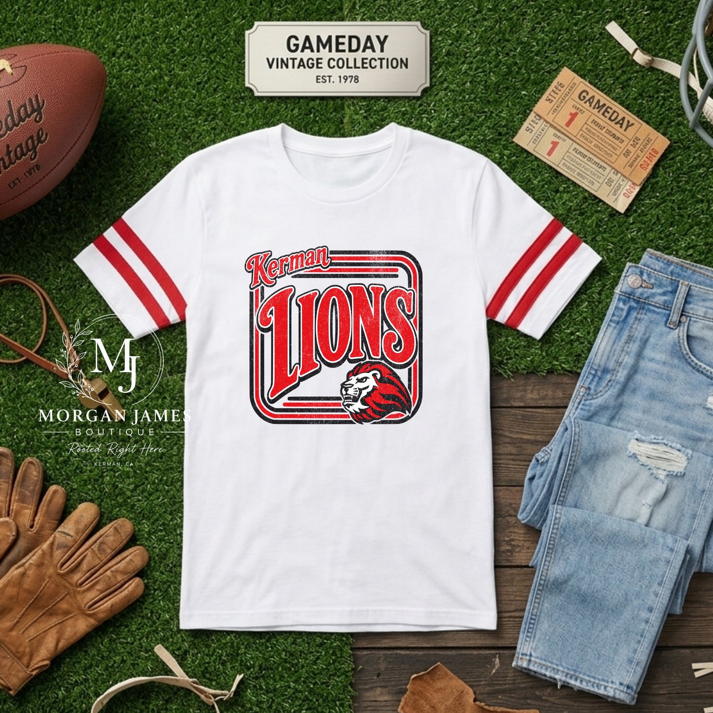 Kerman Lions Varsity Ringer Tee | Vintage Gameday Collection