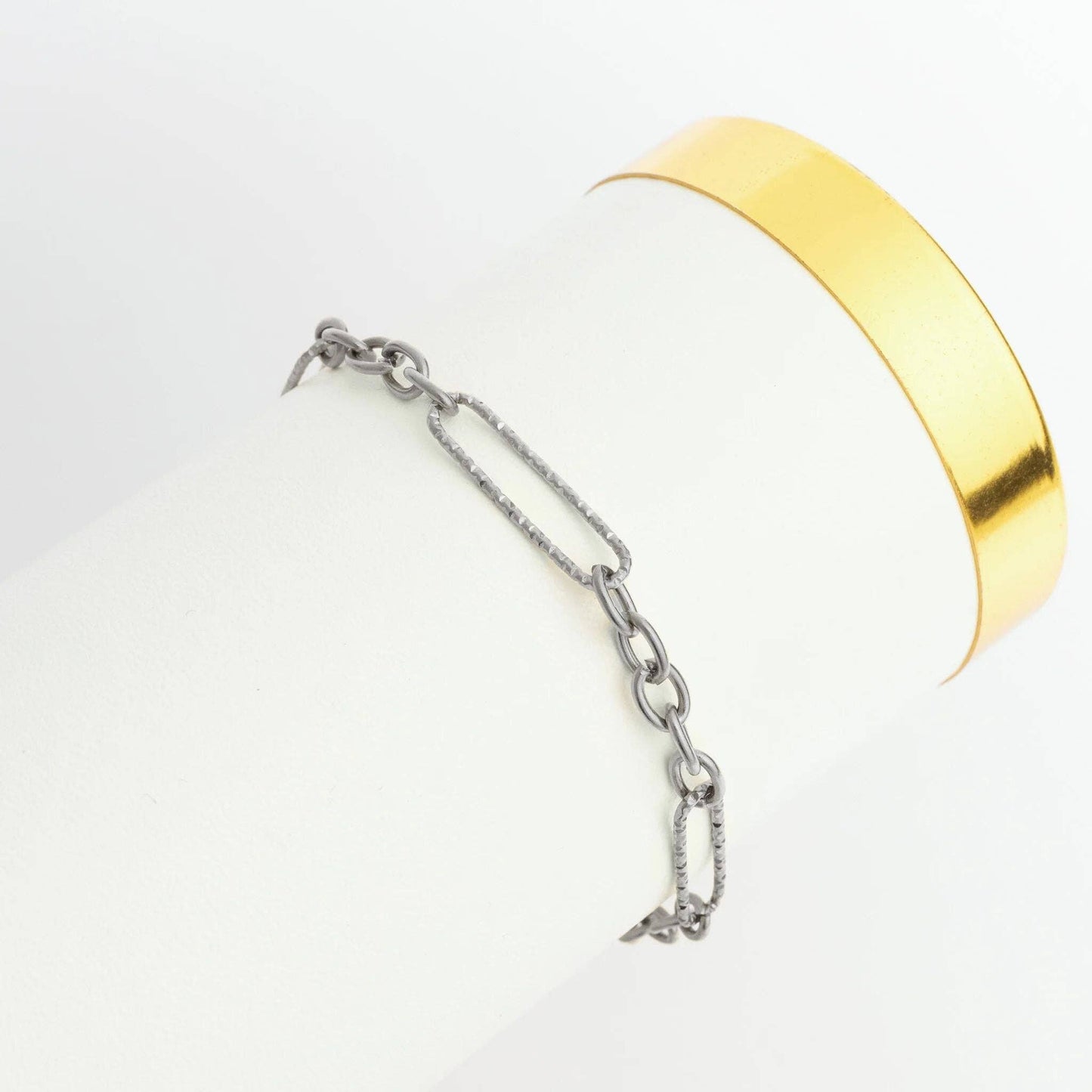 Gold Stainless Steel Long Paperclip Textured Chain Bracelet