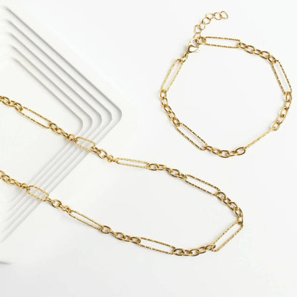 Gold Stainless Steel Long Paperclip Textured Chain Bracelet