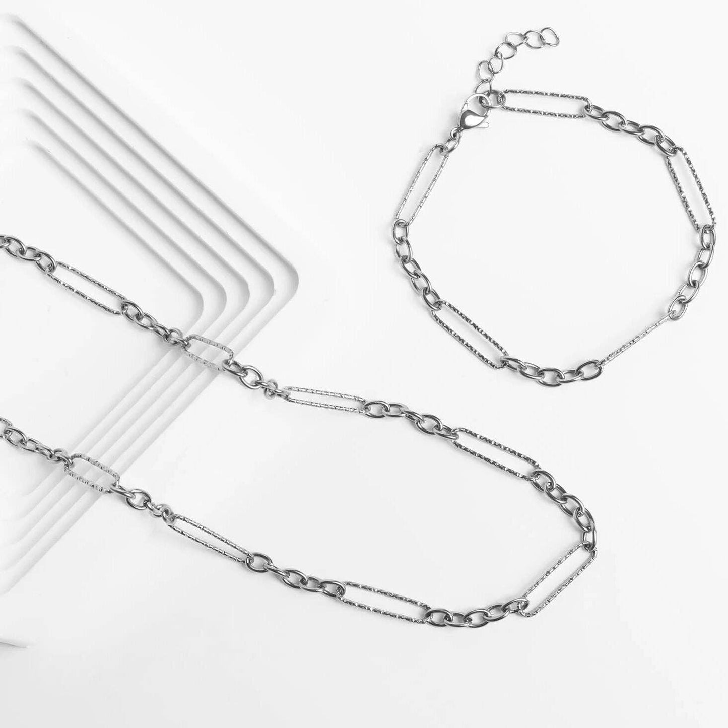 Gold Stainless Steel Long Paperclip Textured Chain Bracelet