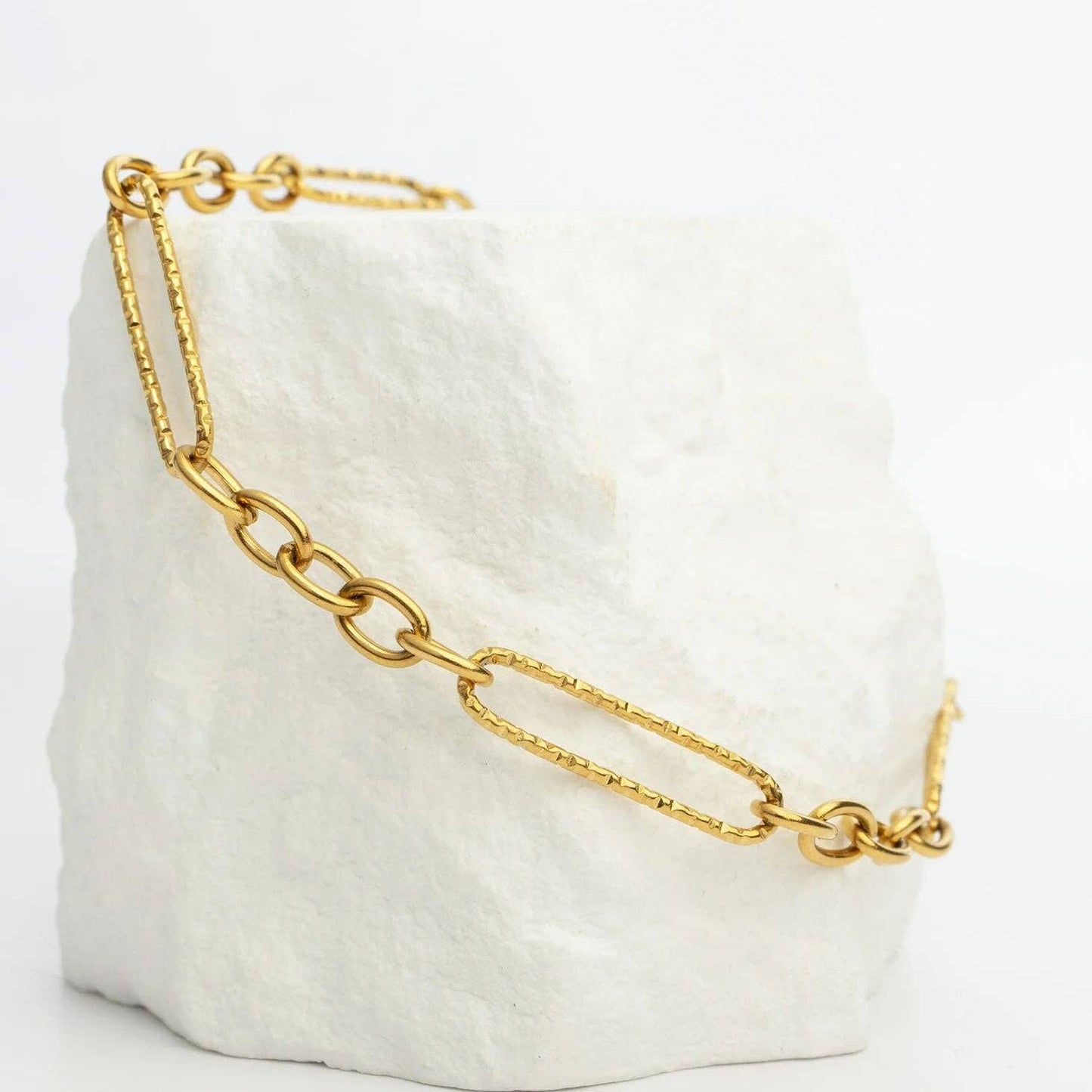 Gold Stainless Steel Long Paperclip Textured Chain Bracelet