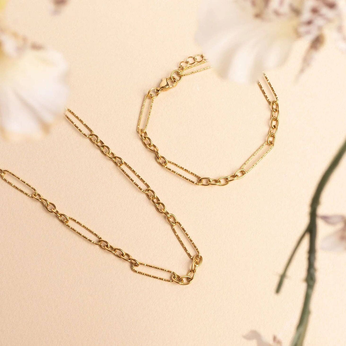 Gold Stainless Steel Long Paperclip Textured Chain Necklace