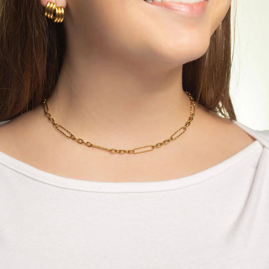 Gold Stainless Steel Long Paperclip Textured Chain Necklace