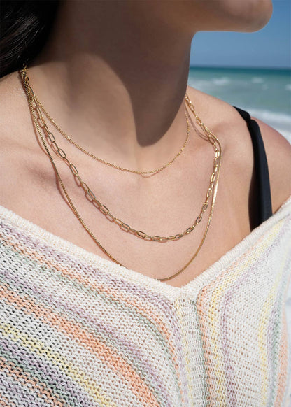 18K Gold PVD Stainless Steel Loop, Box, and Paperclip Layered Chain Necklace