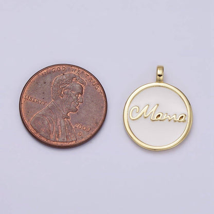 24K Gold Filled "Mama" Script White Enamel Round Medallion Charm | AC1422