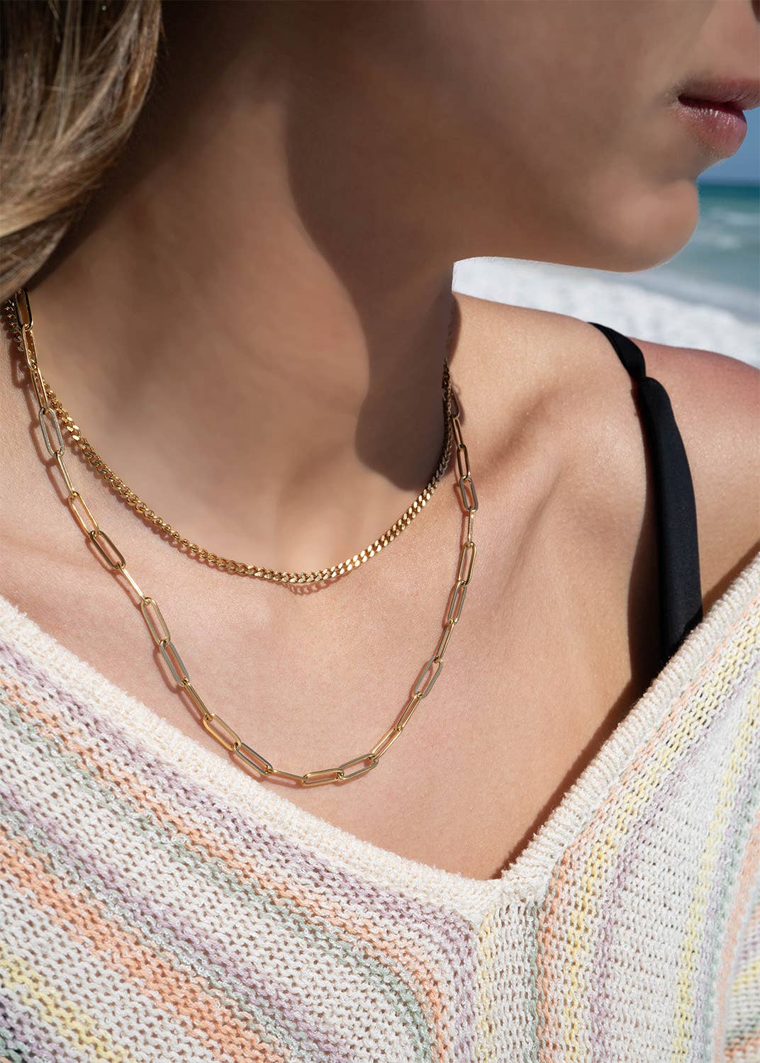 18K Gold PVD Stainless Steel Curb and Paperclip Layered Chain Necklace
