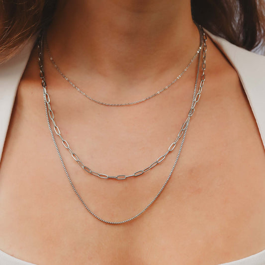 18K Gold PVD Stainless Steel Loop, Box, and Paperclip Layered Chain Necklace