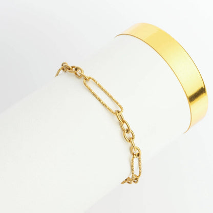 Gold Stainless Steel Long Paperclip Textured Chain Bracelet