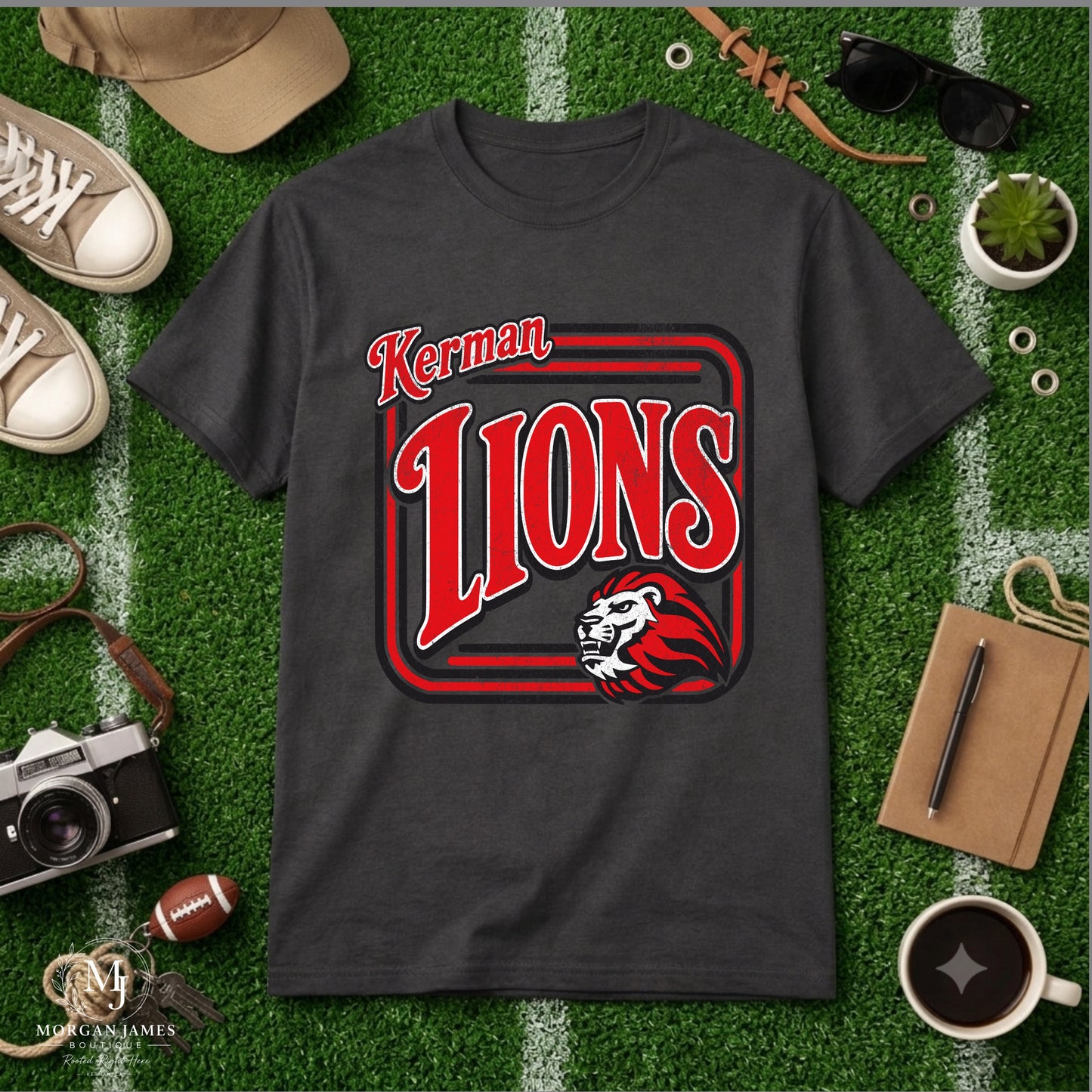 Kerman Lions Retro Badge Tee | Vintage Lion Mascot Shirt
