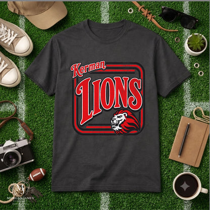 Kerman Lions Retro Badge Tee | Vintage Lion Mascot Shirt
