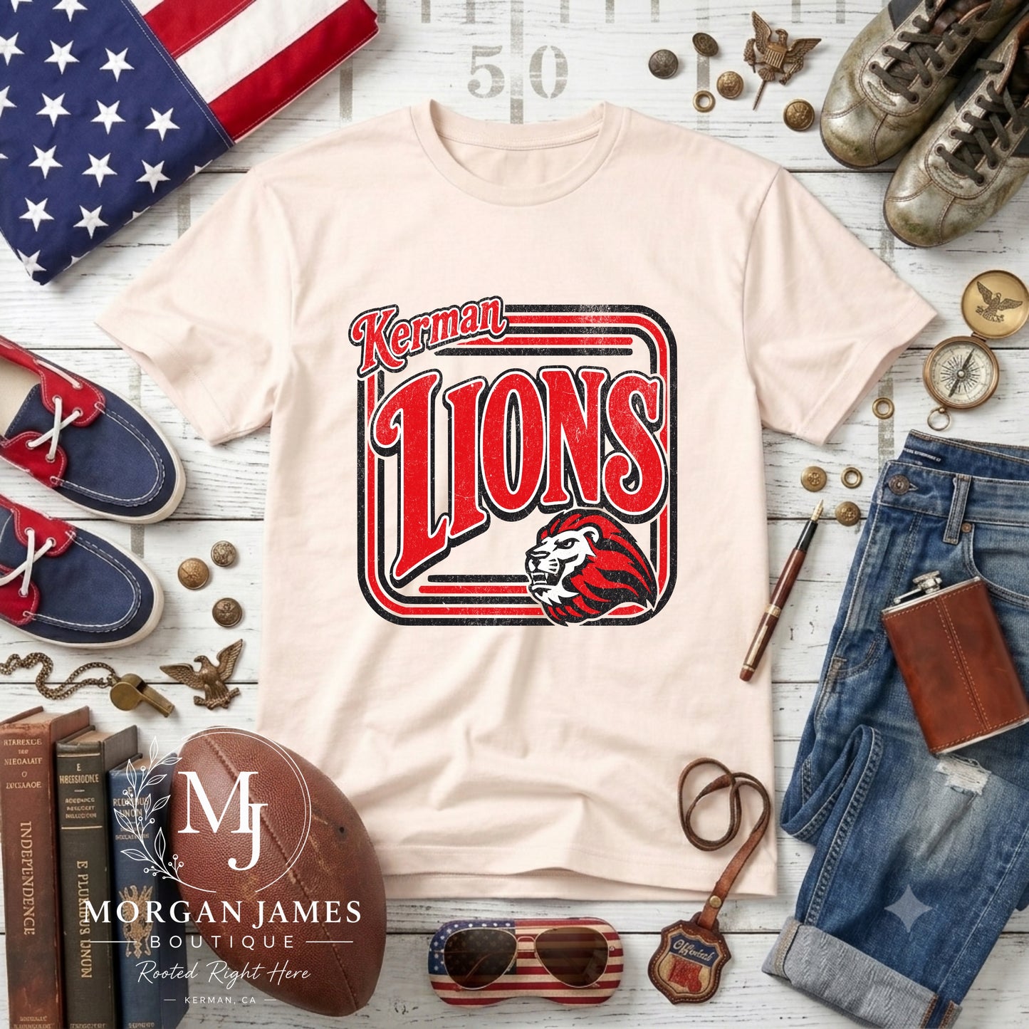 Kerman Lions Retro Badge Tee | Vintage Lion Mascot Shirt