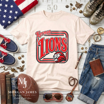 Kerman Lions Retro Badge Tee | Vintage Lion Mascot Shirt