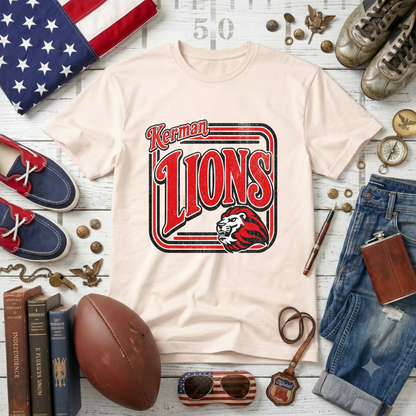 Kerman Lions Retro Badge Tee | Vintage Lion Mascot Shirt
