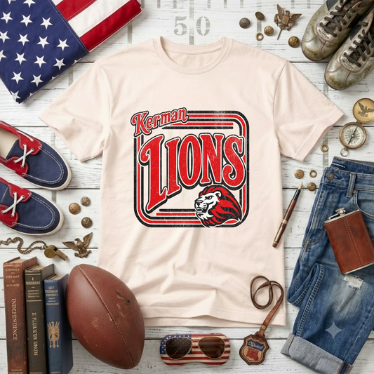 Kerman Lions Retro Badge Tee | Vintage Lion Mascot Shirt