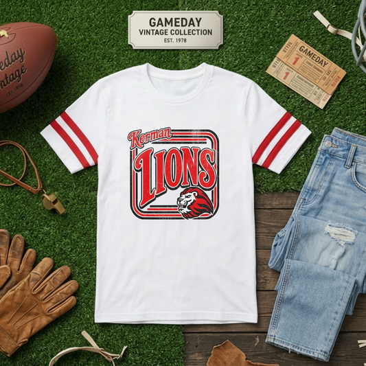 Kerman Lions Varsity Ringer Tee | Vintage Gameday Collection