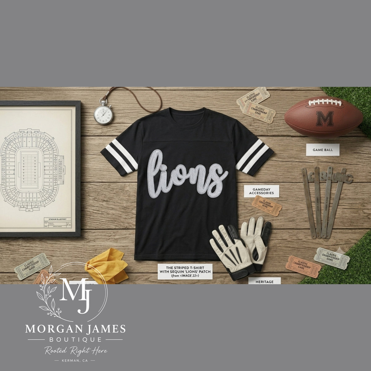 Lions Sequin Script Varsity Tee | Kerman Lions Spirit Shirt