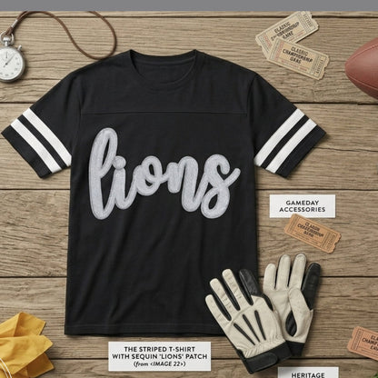 Lions Sequin Script Varsity Tee | Kerman Lions Spirit Shirt