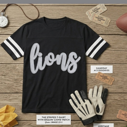 Lions Sequin Script Varsity Tee | Kerman Lions Spirit Shirt