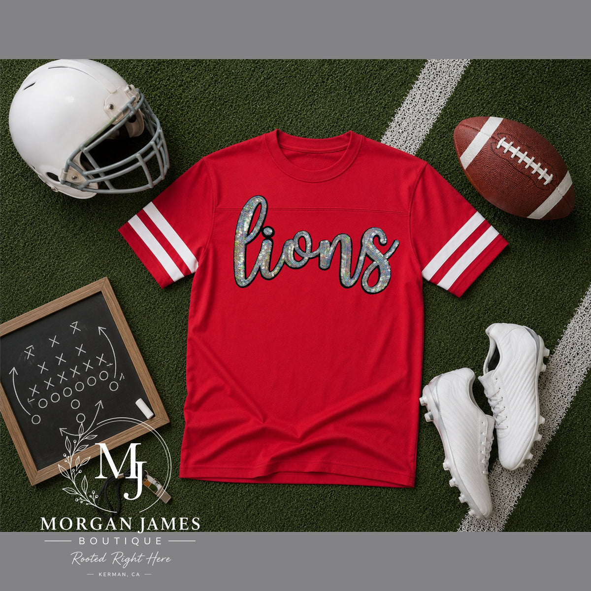 Lions Sequin Script Varsity Tee | Kerman Lions Spirit Shirt