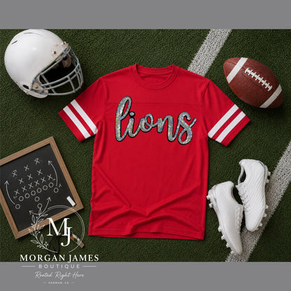 Lions Sequin Script Varsity Tee | Kerman Lions Spirit Shirt
