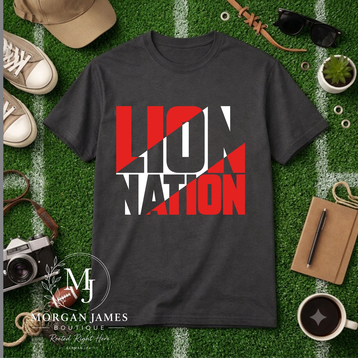 Lion Nation Split Color Tee | Kerman Lions Spirit Shirt (Charcoal)