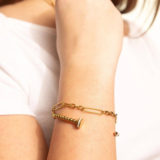 Gold Stainless Steel Long Paperclip Textured Chain Bracelet