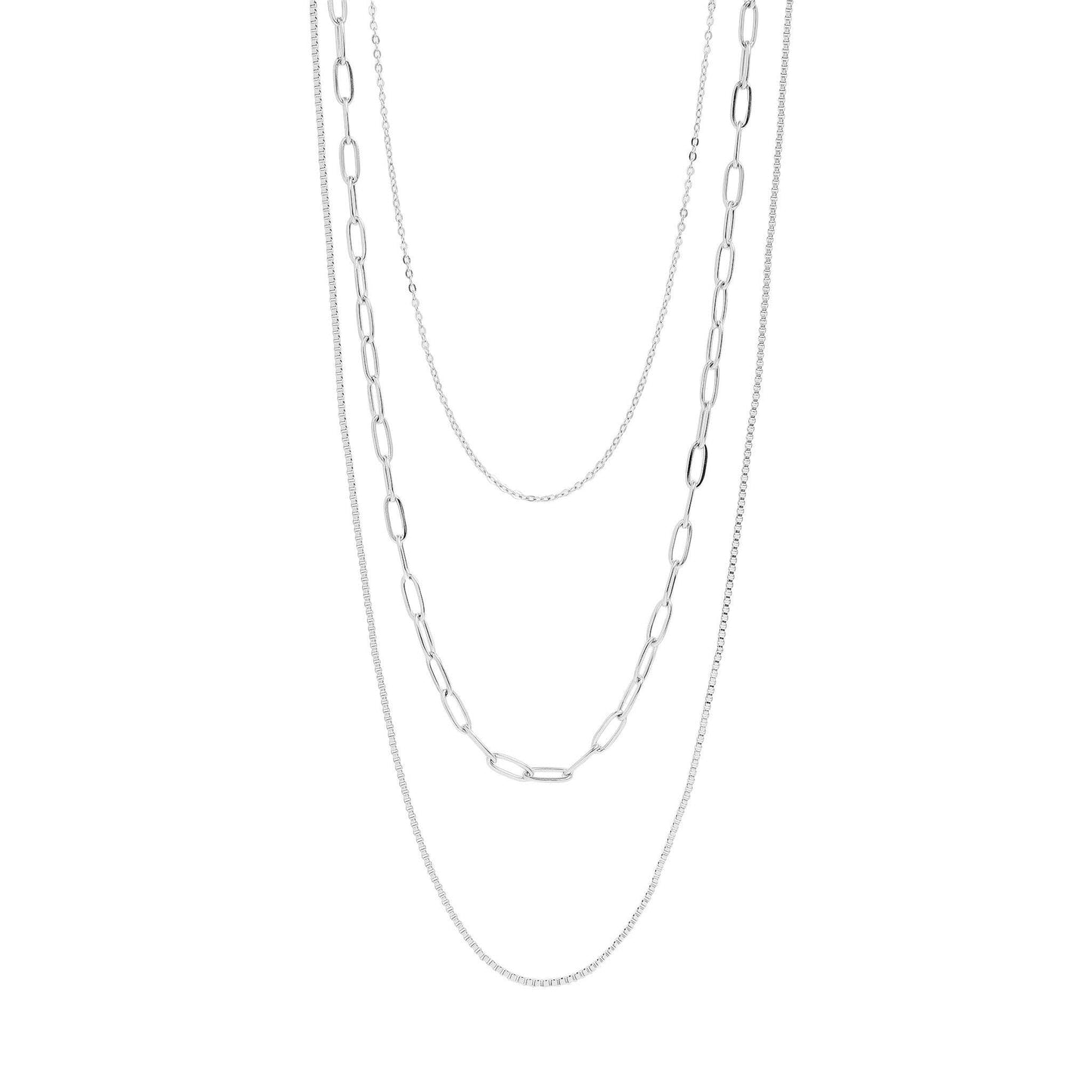 18K Gold PVD Stainless Steel Loop, Box, and Paperclip Layered Chain Necklace