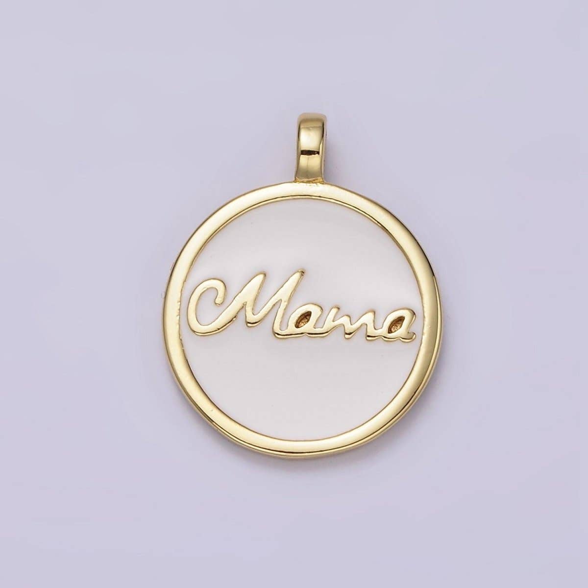 24K Gold Filled "Mama" Script White Enamel Round Medallion Charm | AC1422