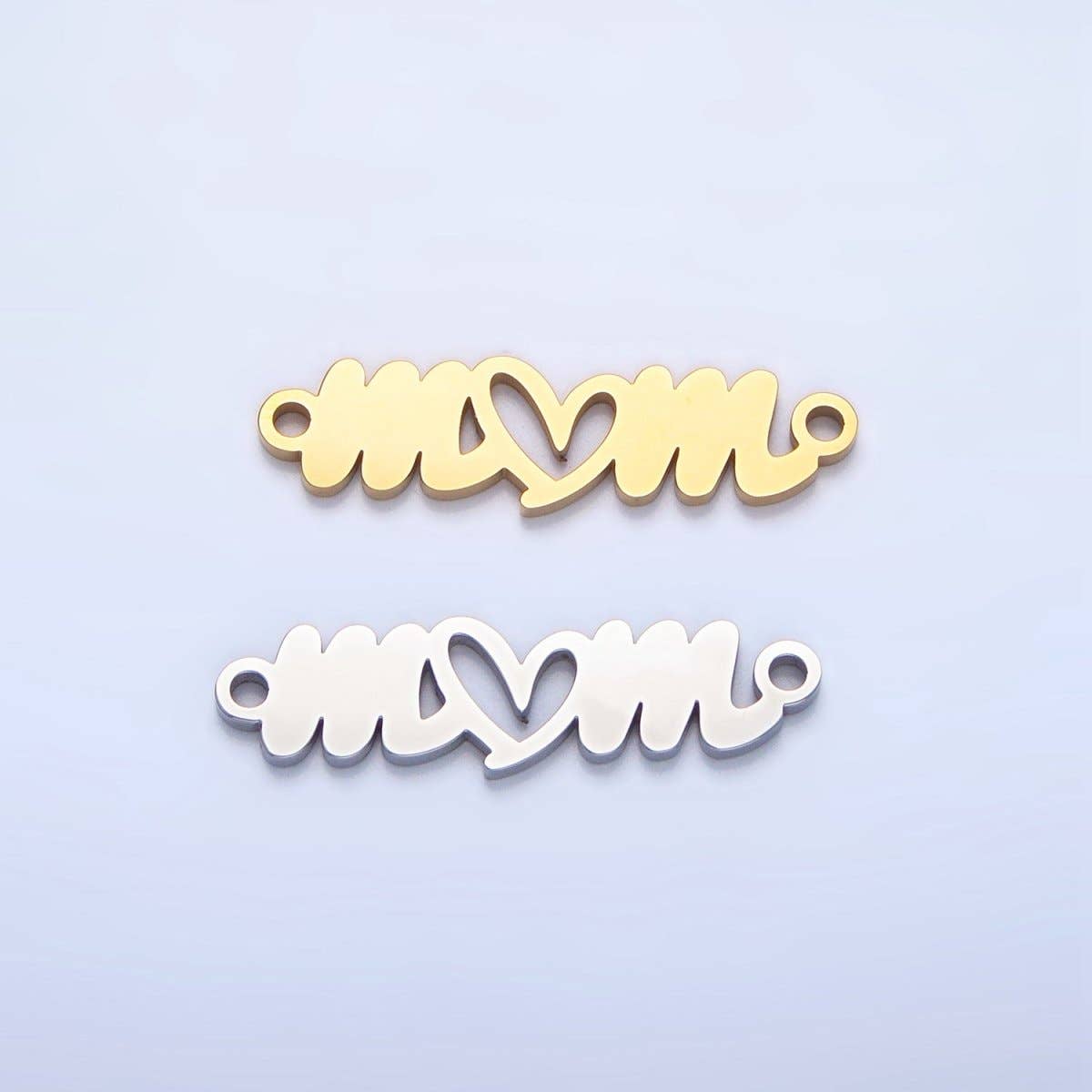 Stainless Steel Cursive "Mom" Heart Charm Connector in Gold & Silver | G-457