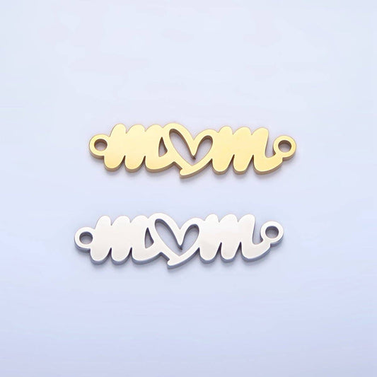 Stainless Steel Cursive "Mom" Heart Charm Connector in Gold & Silver | G-457