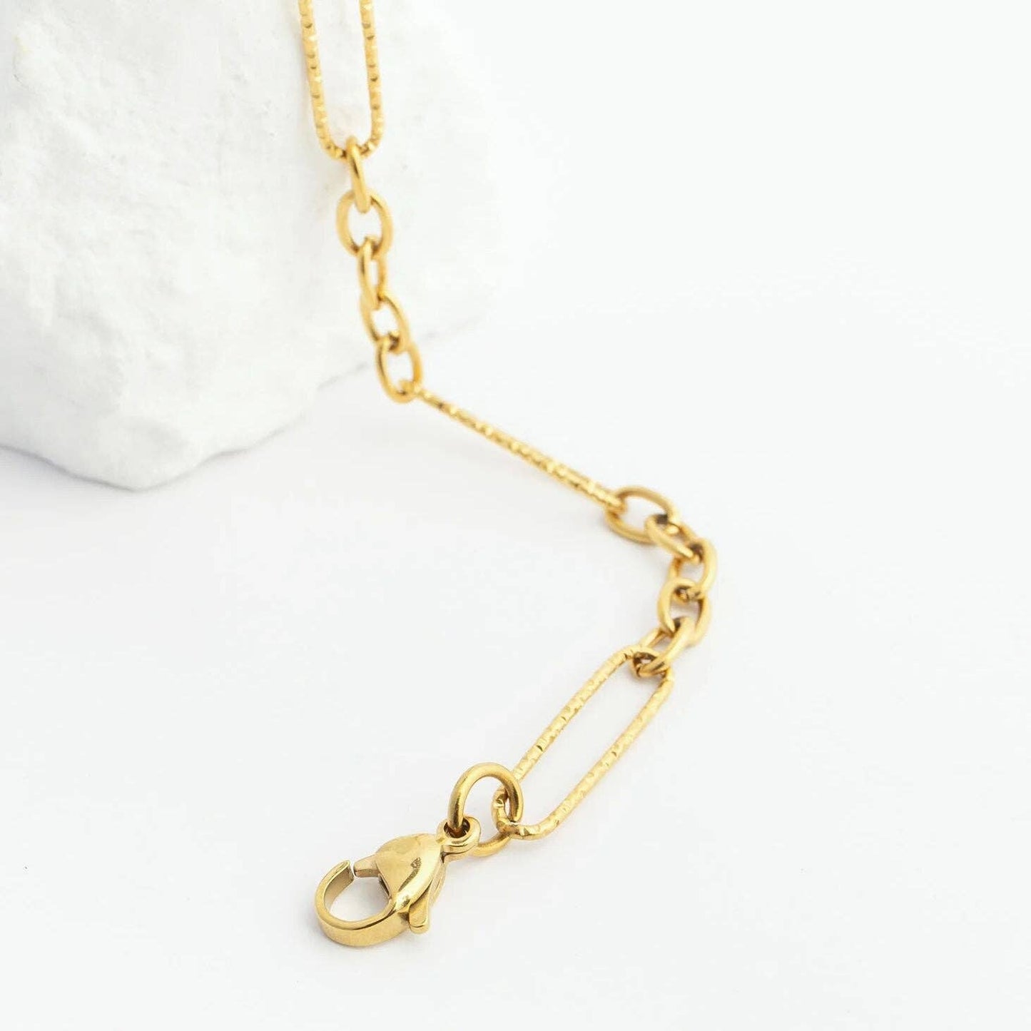 Gold Stainless Steel Long Paperclip Textured Chain Bracelet