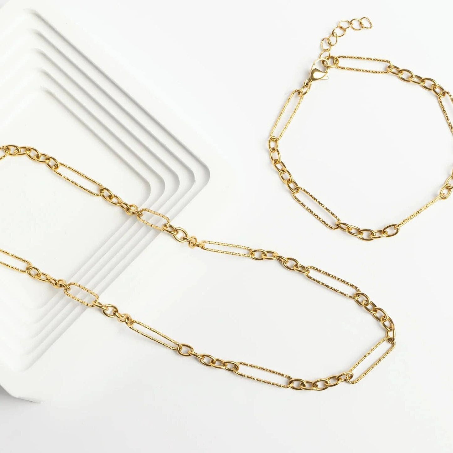 Gold Stainless Steel Long Paperclip Textured Chain Necklace